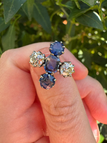 Antique 18ct yellow gold and platinum 1.12ct TCW natural sapphire and 0.8ct TCW old mine cut diamond ring