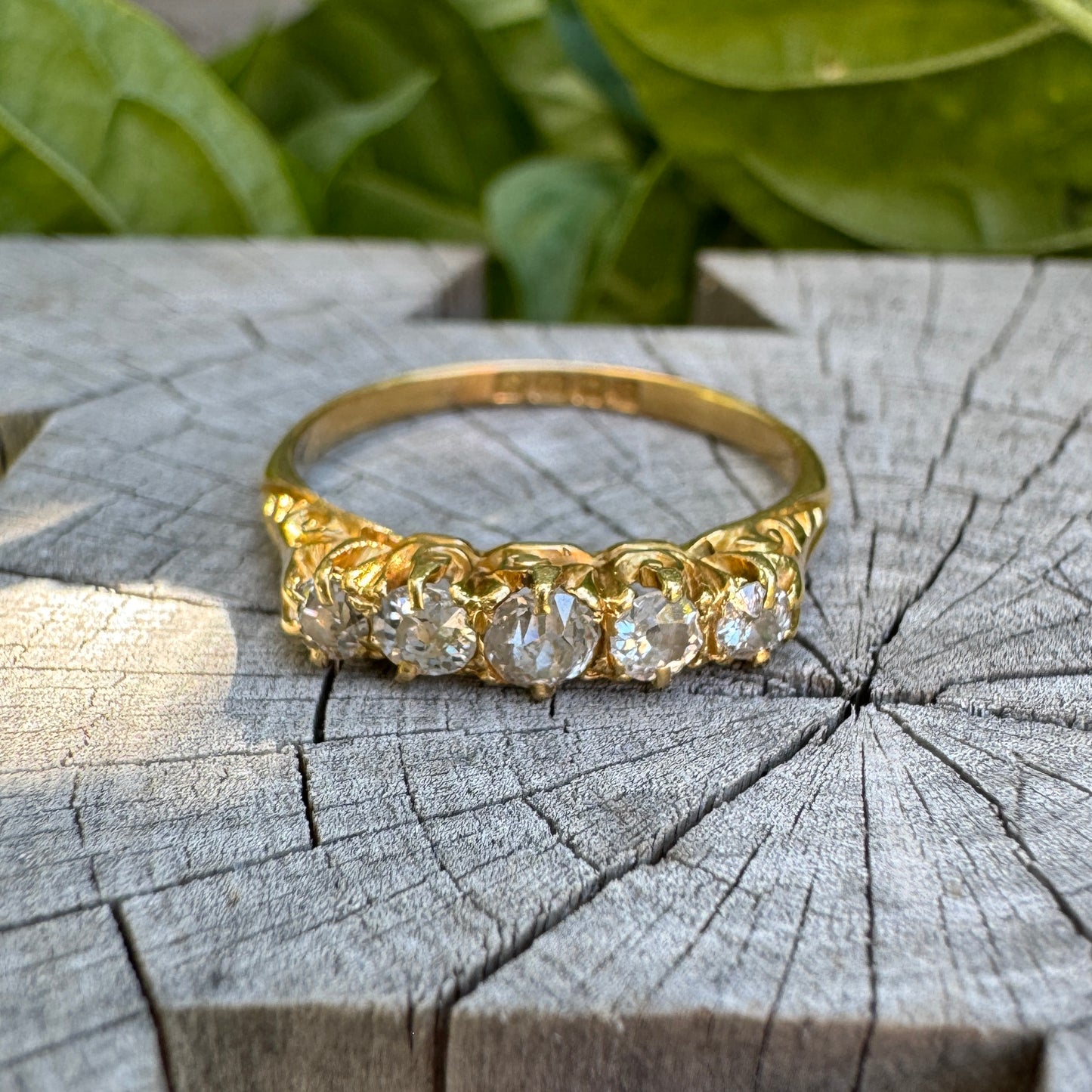 Antique 18ct yellow gold five stone 0.45ct TCW old mine cut diamond ring
