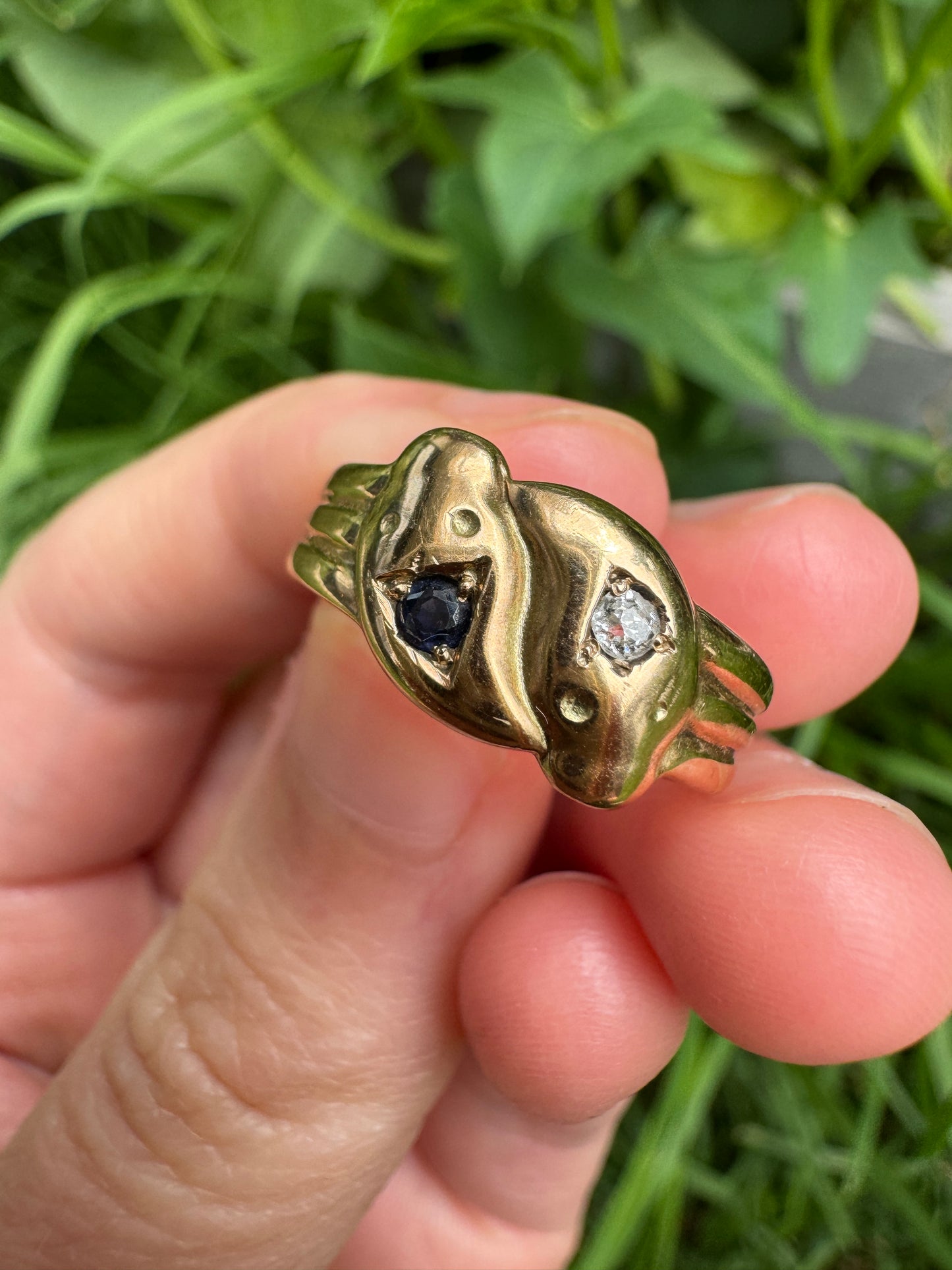 Antique Victorian 9ct yellow gold sapphire and diamond snake ring