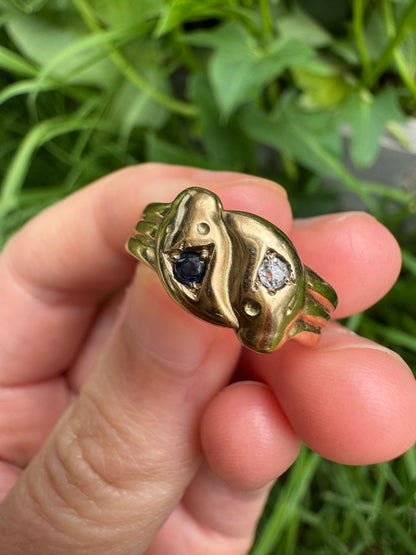 Antique Victorian 9ct yellow gold sapphire and diamond snake ring