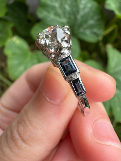 Antique 18ct white gold 0.87ct old European cut diamond and 0.5ct TCW baguette cut natural sapphire ring