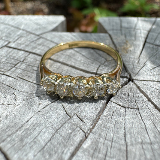 Vintage 18ct yellow gold five stone 0.6ct TCW old mine cut diamond ring