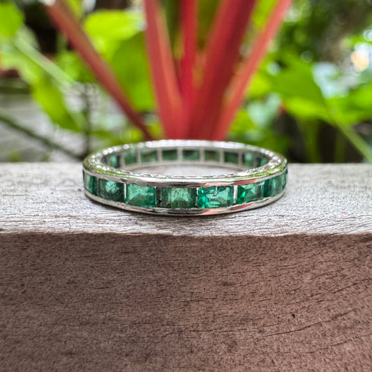 Antique platinum 1.02ct TCW natural emerald engraved eternity ring