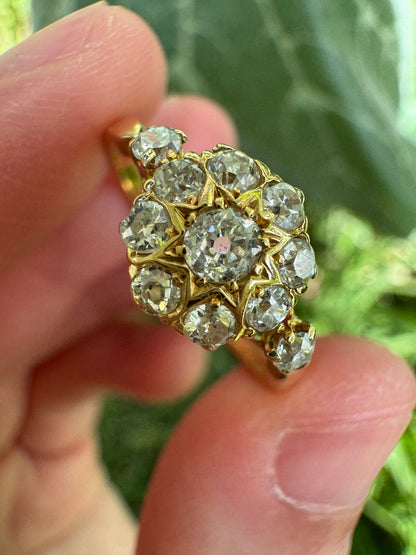 Antique 18ct yellow gold 0.55ct TCW old mine cut diamond starry cluster ring