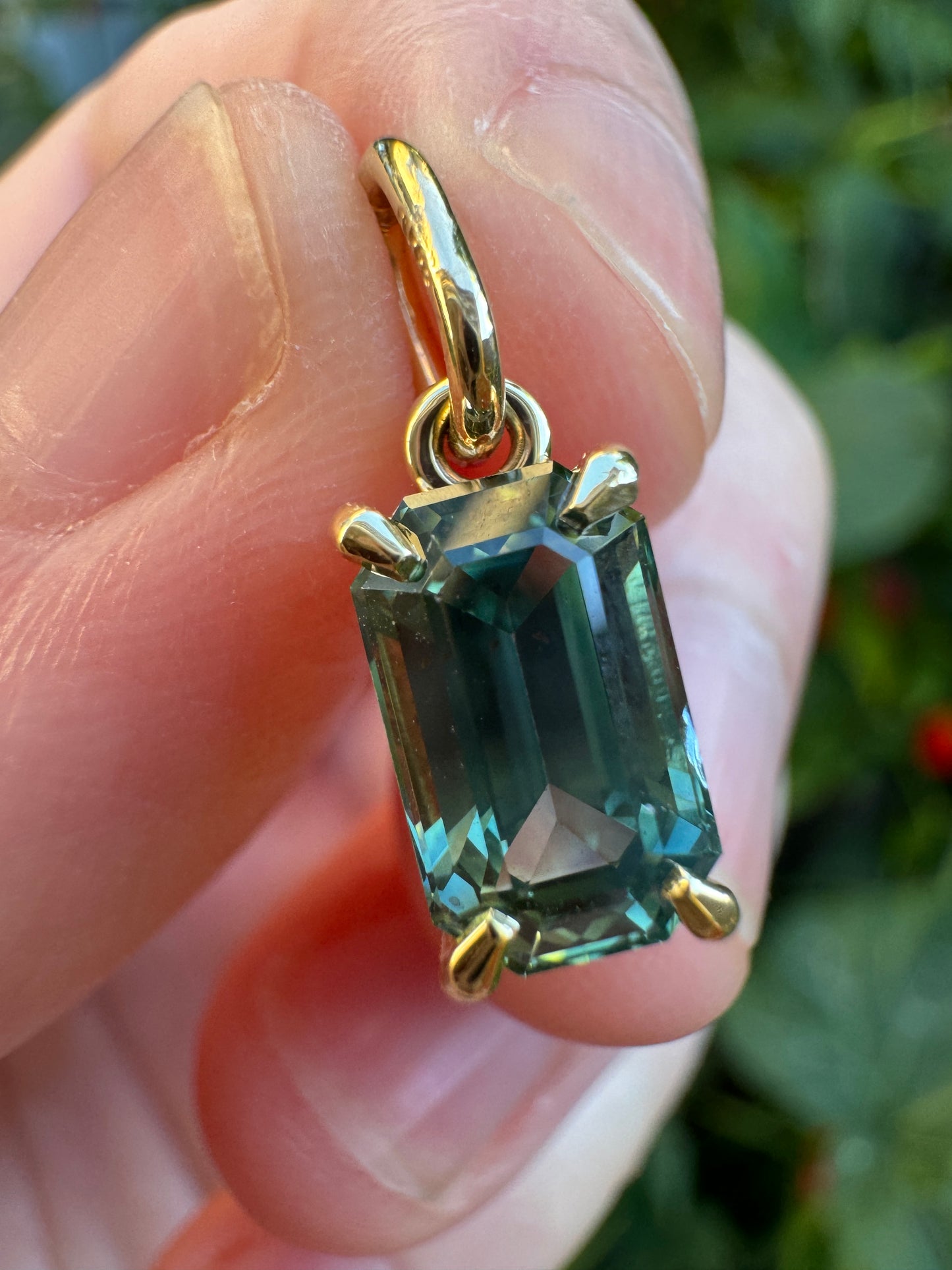 Custom handmade recycled 9ct yellow gold 2.54ct emerald cut Australian parti sapphire prong set pendant
