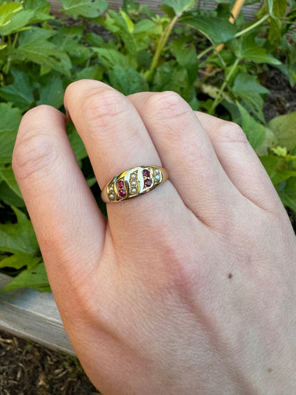 Antique Victorian 15ct yellow gold ruby and seed pearl ring