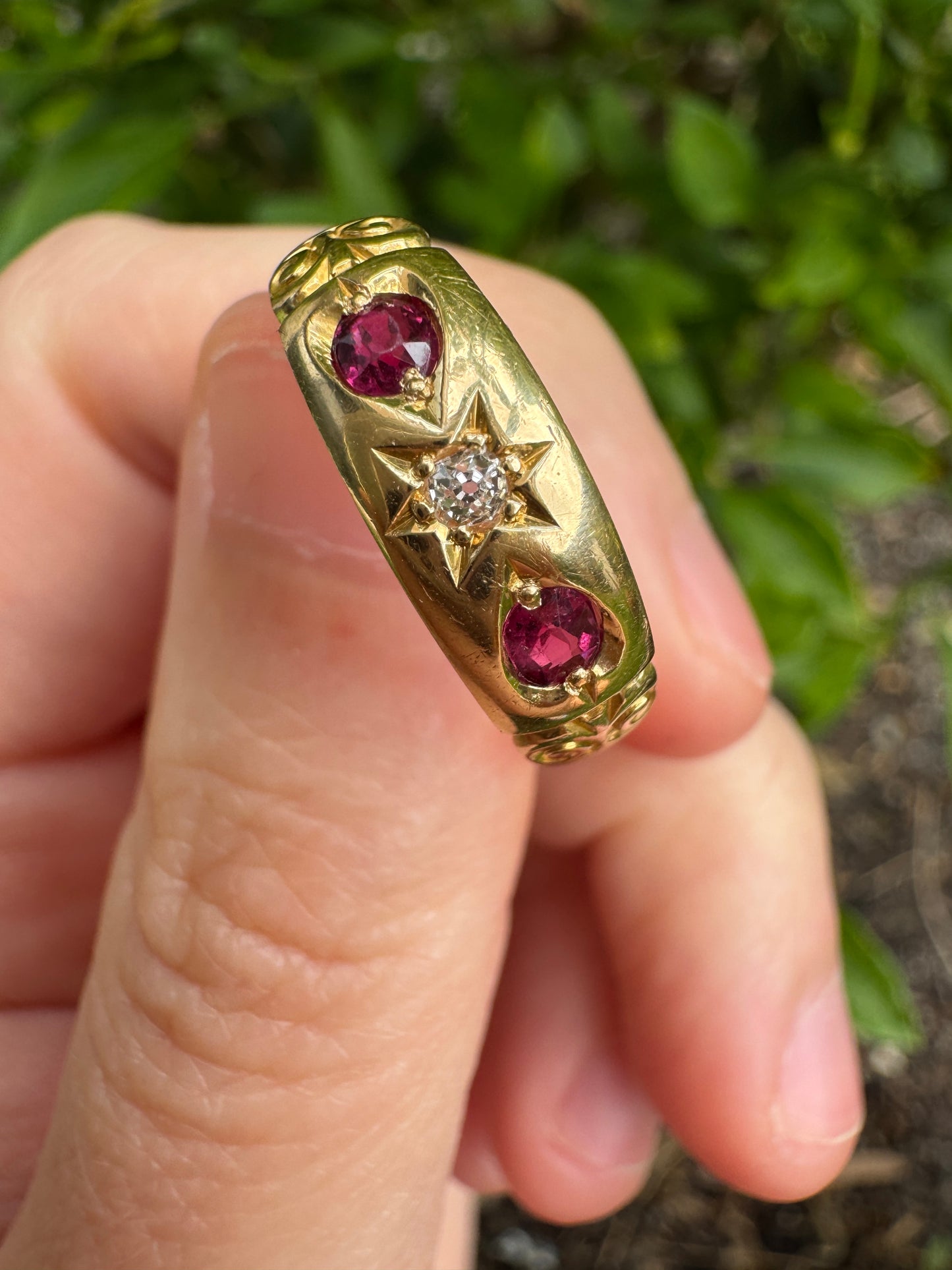 Antique Victorian English 18ct yellow gold 0.3ct TCW cushion cut natural ruby and 4pt old mine cut diamond gypsy ring
