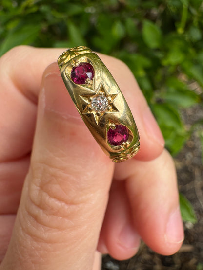 Antique Victorian English 18ct yellow gold 0.3ct TCW cushion cut natural ruby and 4pt old mine cut diamond gypsy ring