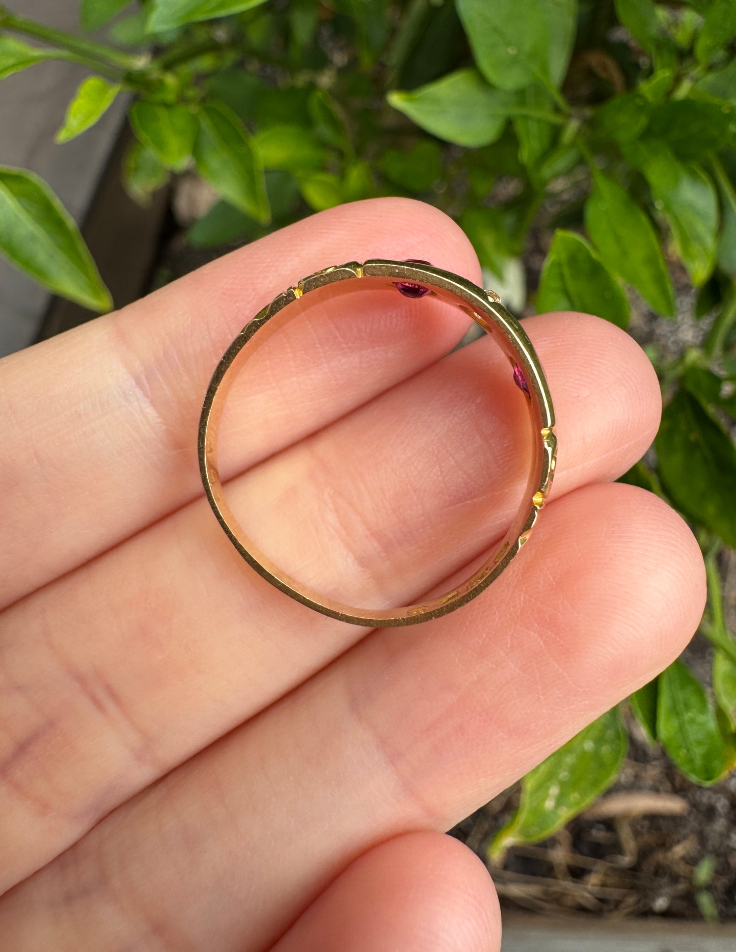 Antique Victorian English 18ct yellow gold 0.3ct TCW cushion cut natural ruby and 4pt old mine cut diamond gypsy ring