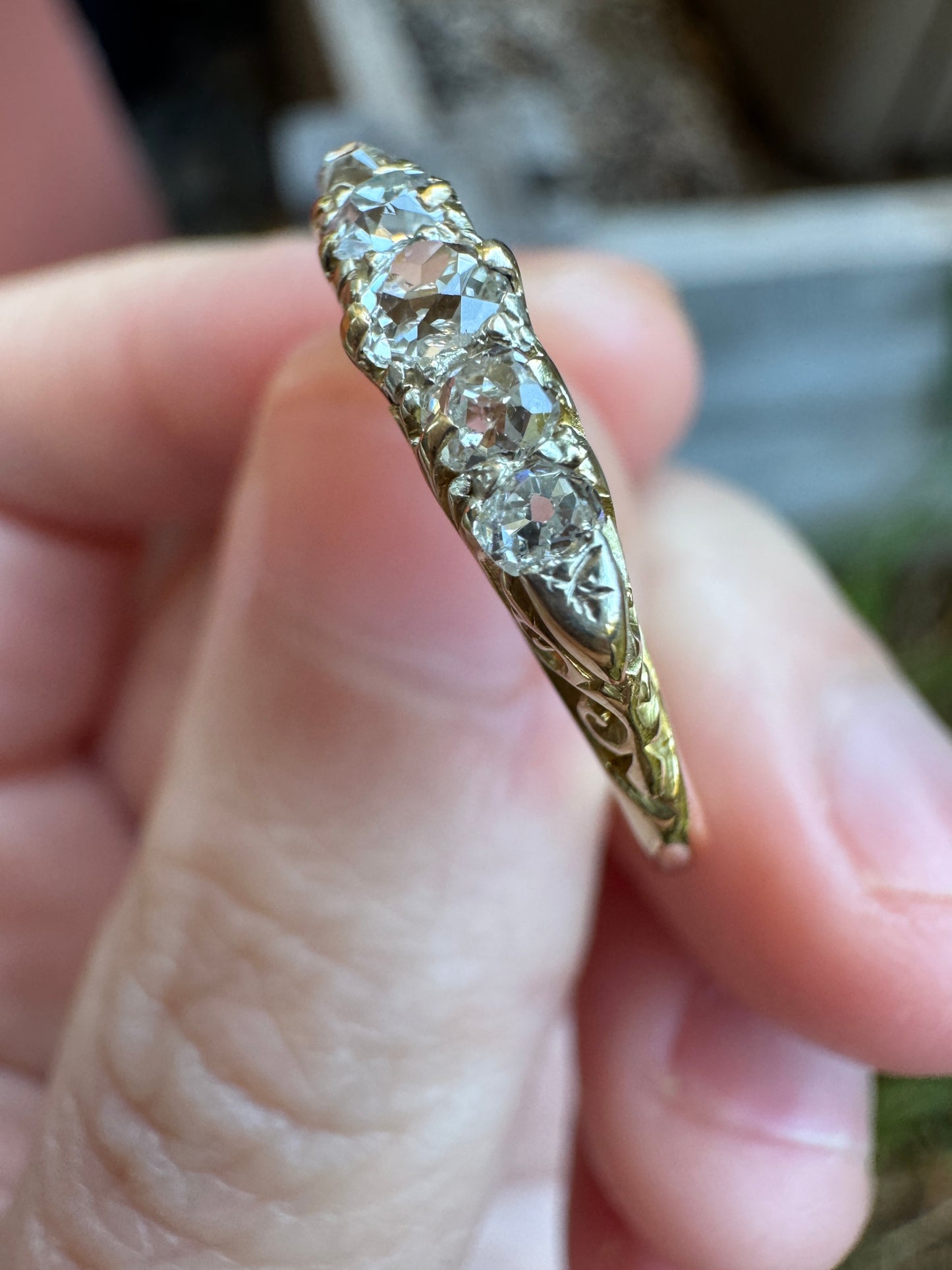 Antique 18ct gold old mine cut diamond five stone ring