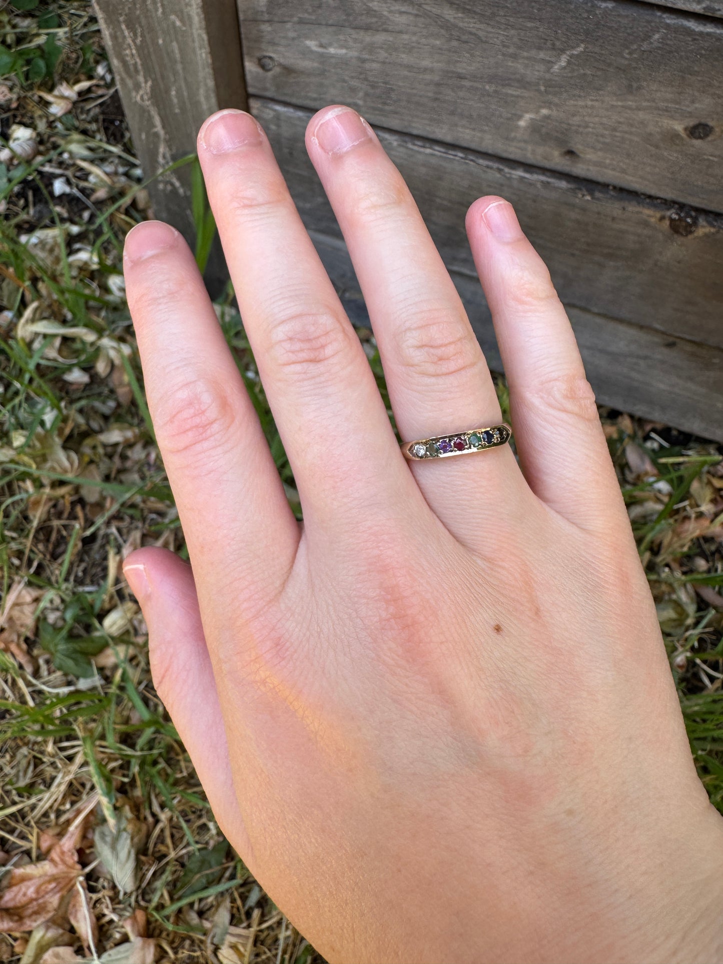 Vintage English Victorian Revival 9ct yellow gold DEAREST acrostic ring