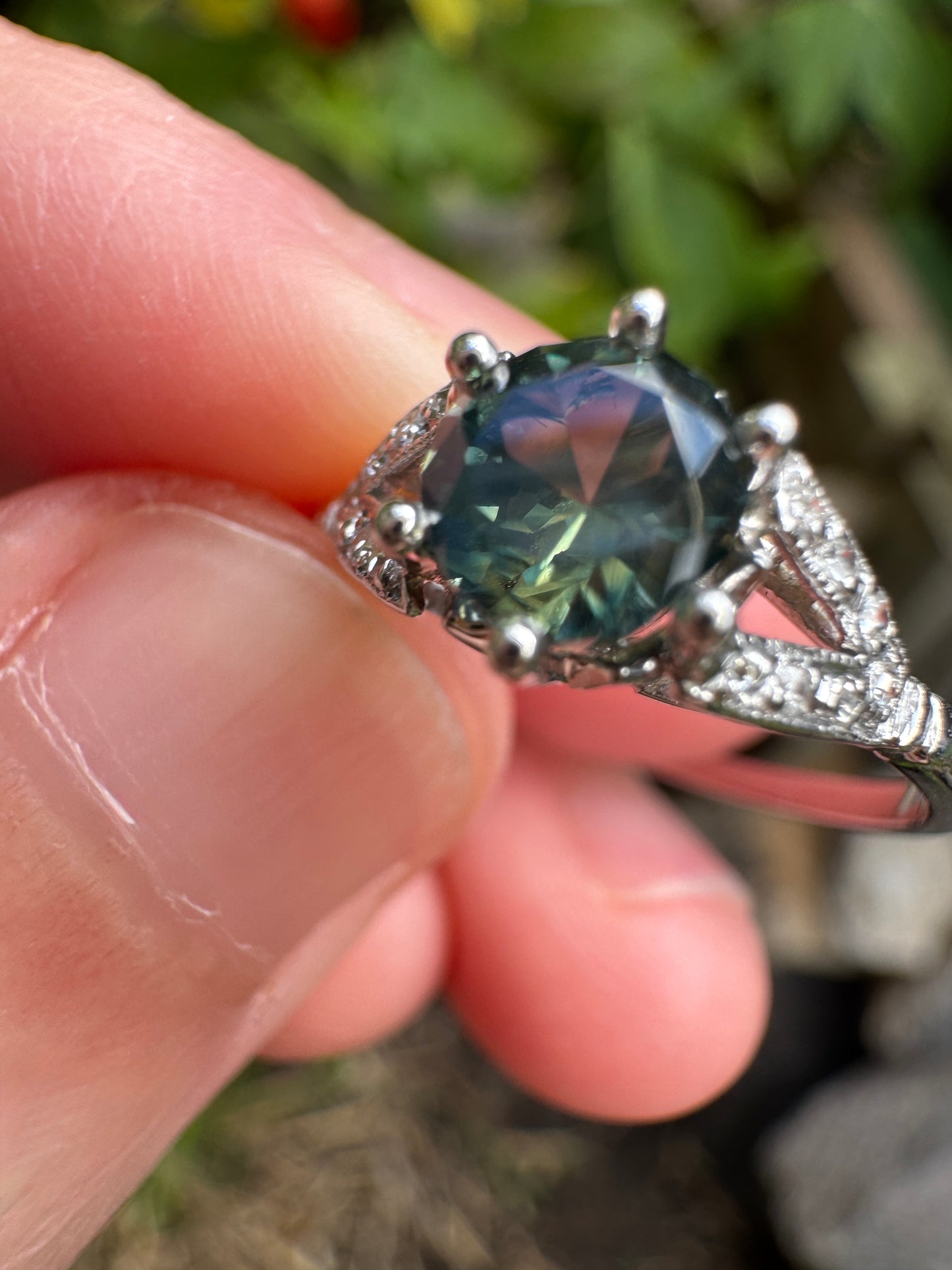 Antique platinum natural Australian parti sapphire and diamond ring
