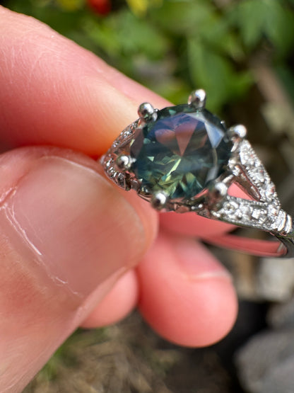 Antique platinum natural Australian parti sapphire and diamond ring