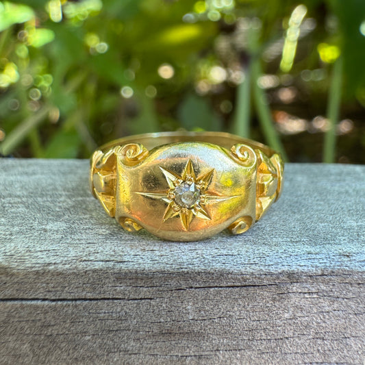 Antique 18ct yellow gold old mine cut diamond starset gypsy ring