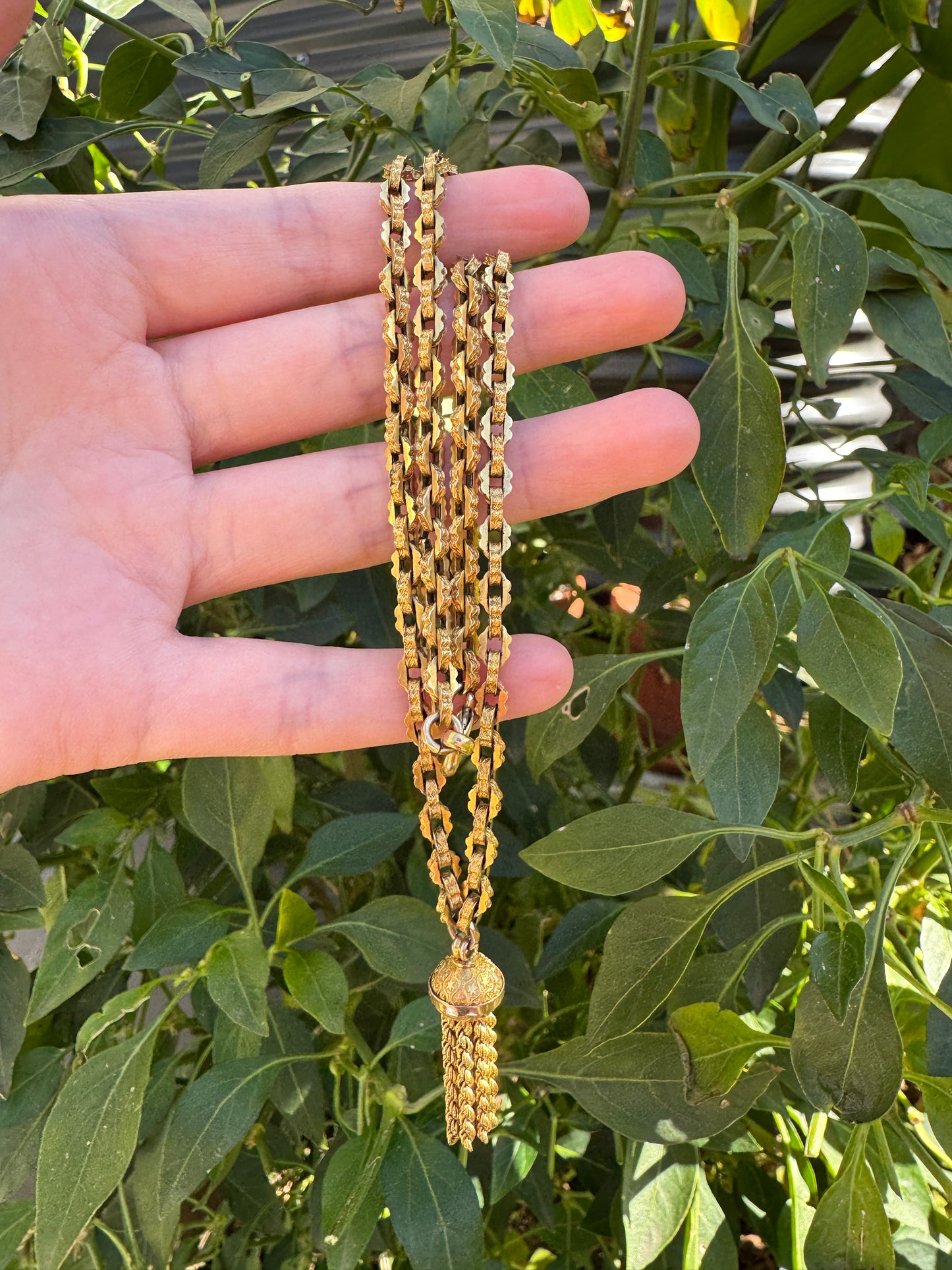 Antique 9ct gold book chain necklace with tassel, 43.5cm / 17.13 inches long