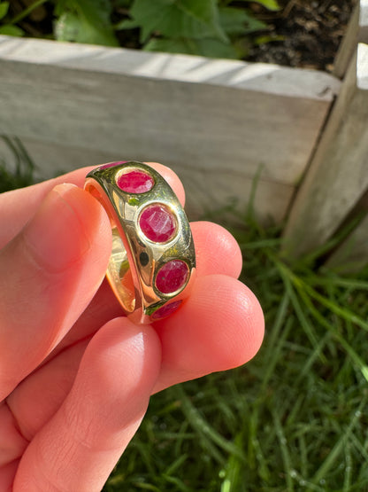 Custom 18ct yellow gold five stone ruby gypsy ring