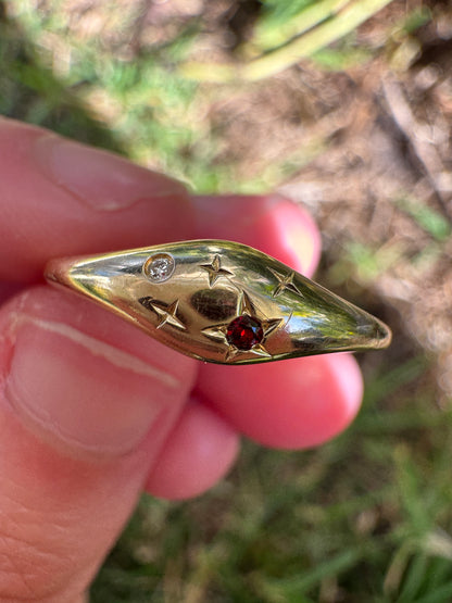 Vintage 14ct yellow gold diamond and garnet starset gypsy ring