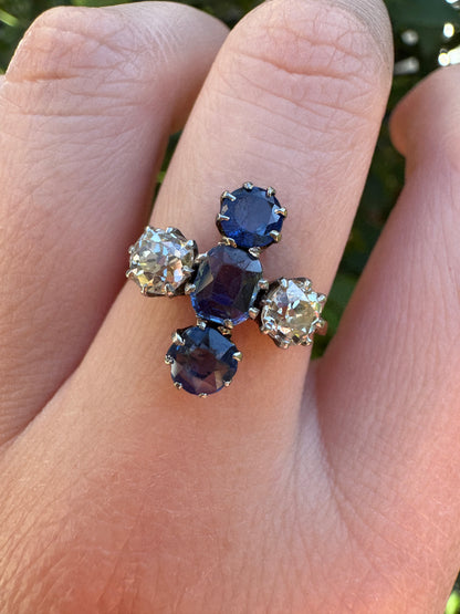 Antique 18ct yellow gold and platinum 1.12ct TCW natural sapphire and 0.8ct TCW old mine cut diamond ring