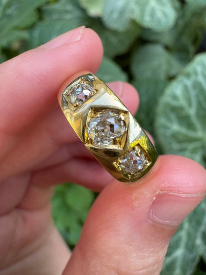 Antique 18ct yellow gold three stone 0.68ct TCW old mine cut diamond gypsy ring