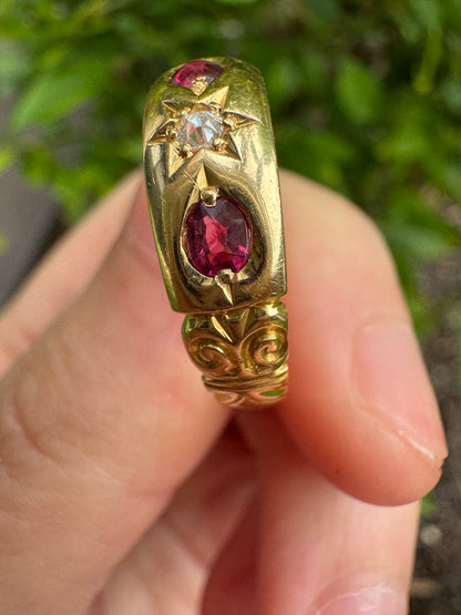 Antique Victorian English 18ct yellow gold 0.3ct TCW cushion cut natural ruby and 4pt old mine cut diamond gypsy ring