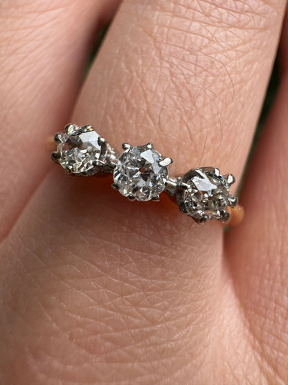 Antique Australian 18ct yellow gold three stone 0.44ct TCW old mine cut diamond ring
