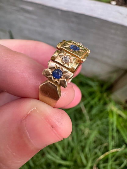 Vintage 18ct yellow gold five stone old cut sapphire and diamond starset gypsy ring