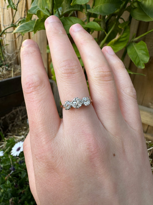 Vintage 18ct yellow gold and platinum 1.2ct TCW three stone old mine cut diamond ring