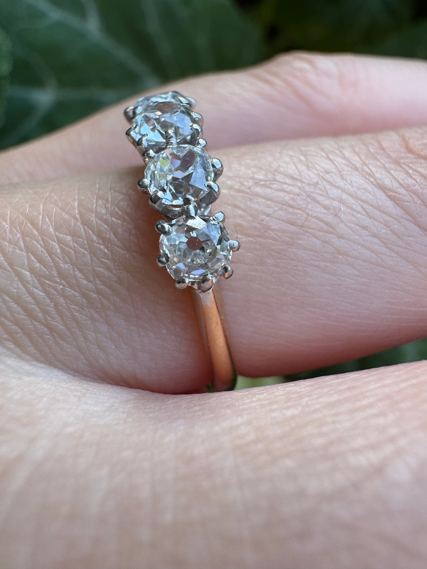 Antique 18ct yellow gold five stone 1.29ct TCW old mine cut diamond ring