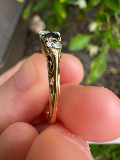 Antique Edwardian English 18ct yellow gold five stone 0.45ct TCW old European cut diamond and 0.42ct TCW sapphire ring