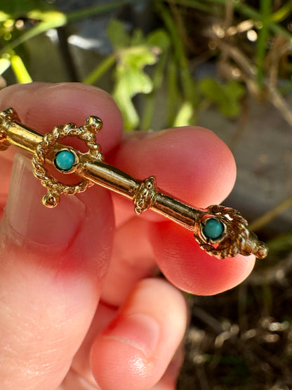 Vintage 9ct yellow gold turquoise cabochon bar brooch/chain extender