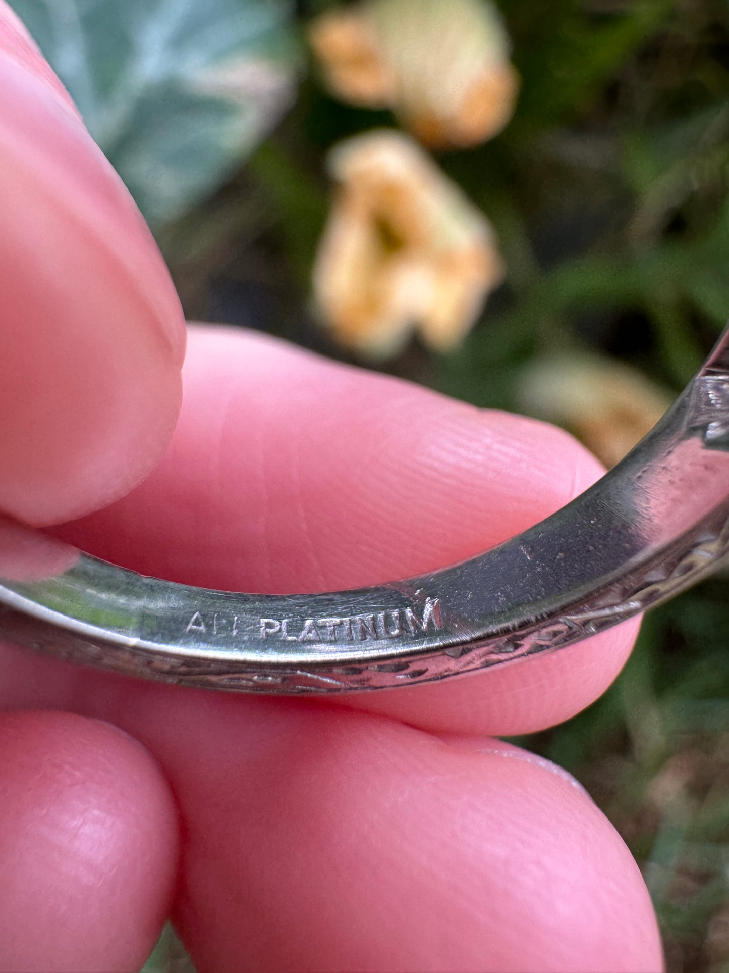 Vintage platinum 0.7ct TCW old mine cut diamond engraved half eternity ring