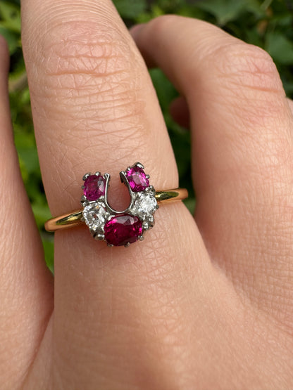 Vintage 18ct yellow gold ruby and diamond horseshoe ring