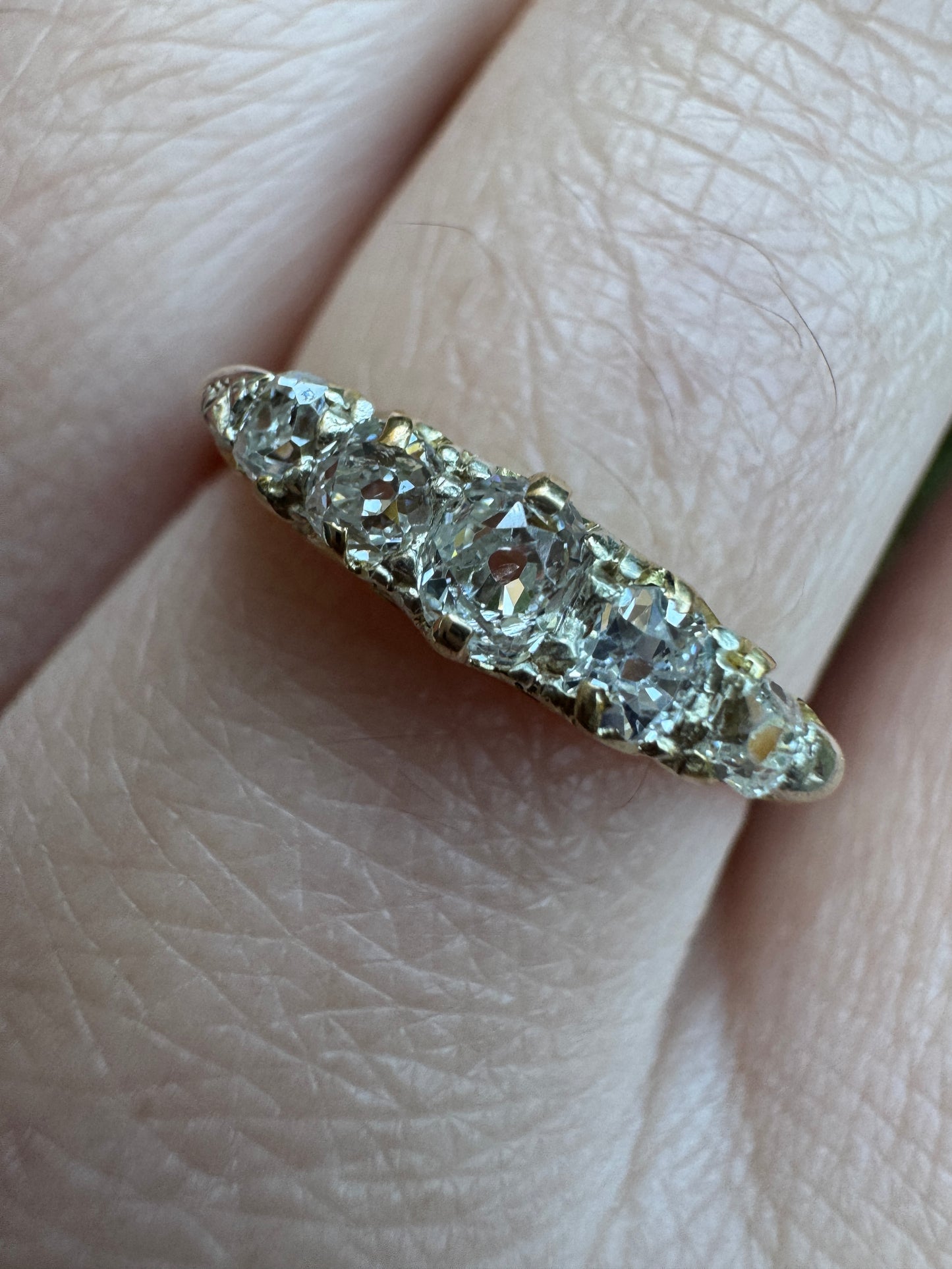 Antique 18ct gold old mine cut diamond five stone ring