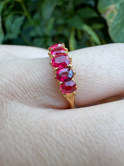 Antique 18ct yellow gold five stone 1.09ct TCW old single cut natural pink 'Jedi' spinel ring