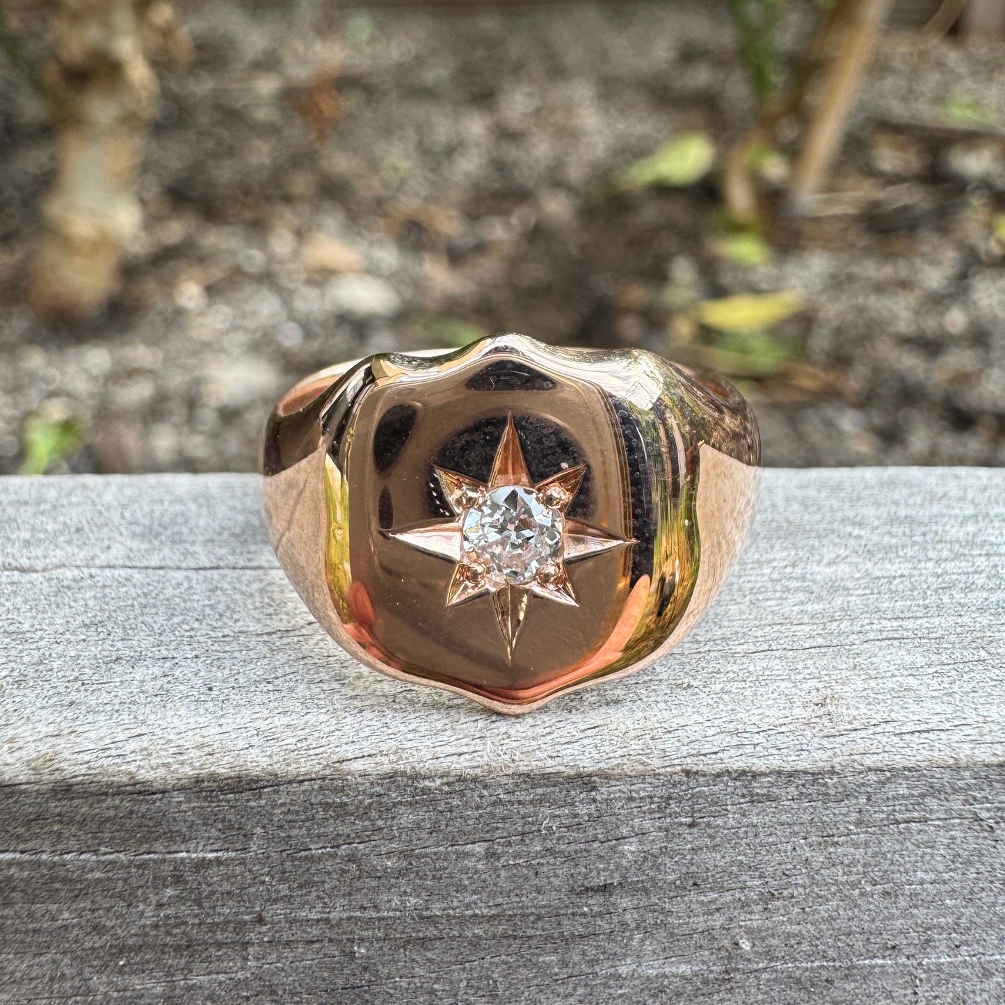 Antique English 9ct rosy yellow gold 0.15ct old European cut diamond starset shield signet ring