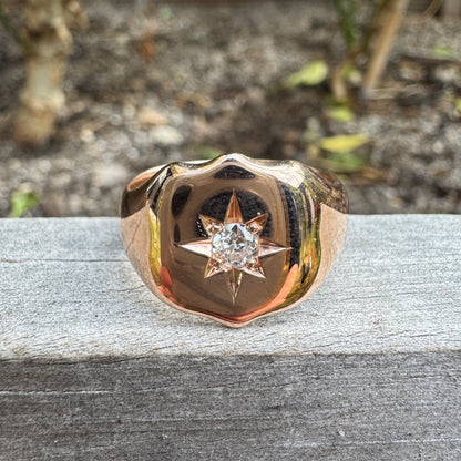 Antique English 9ct rosy yellow gold 0.15ct old European cut diamond starset shield signet ring