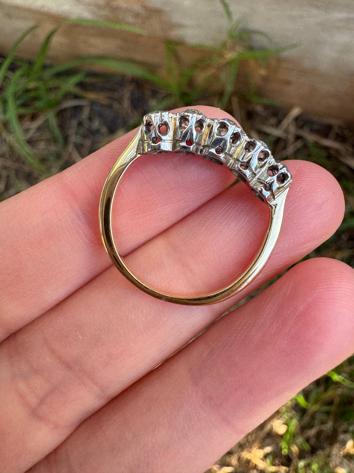 Antique 18ct yellow gold and platinum five stone 0.45ct TCW old mine cut diamond bezel set ring