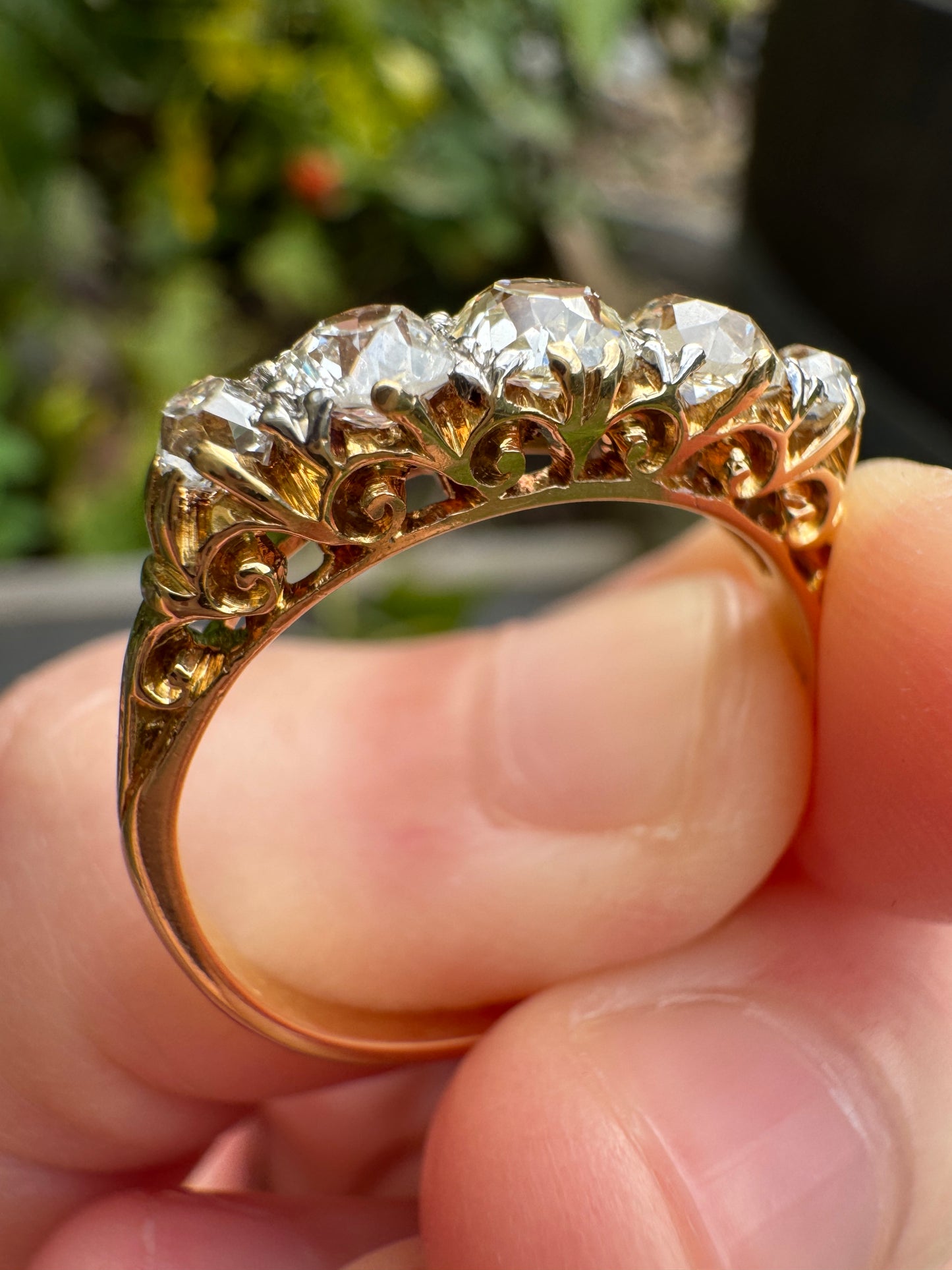 Antique 18ct gold old mine cut diamond five stone ring