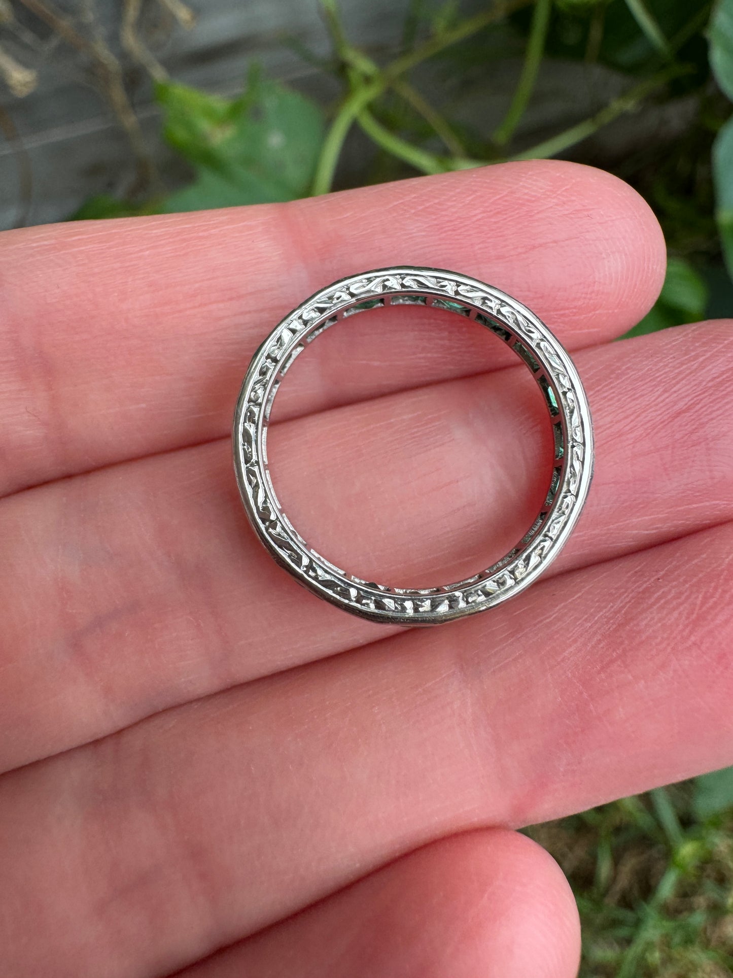 Antique platinum 1.02ct TCW natural emerald engraved eternity ring