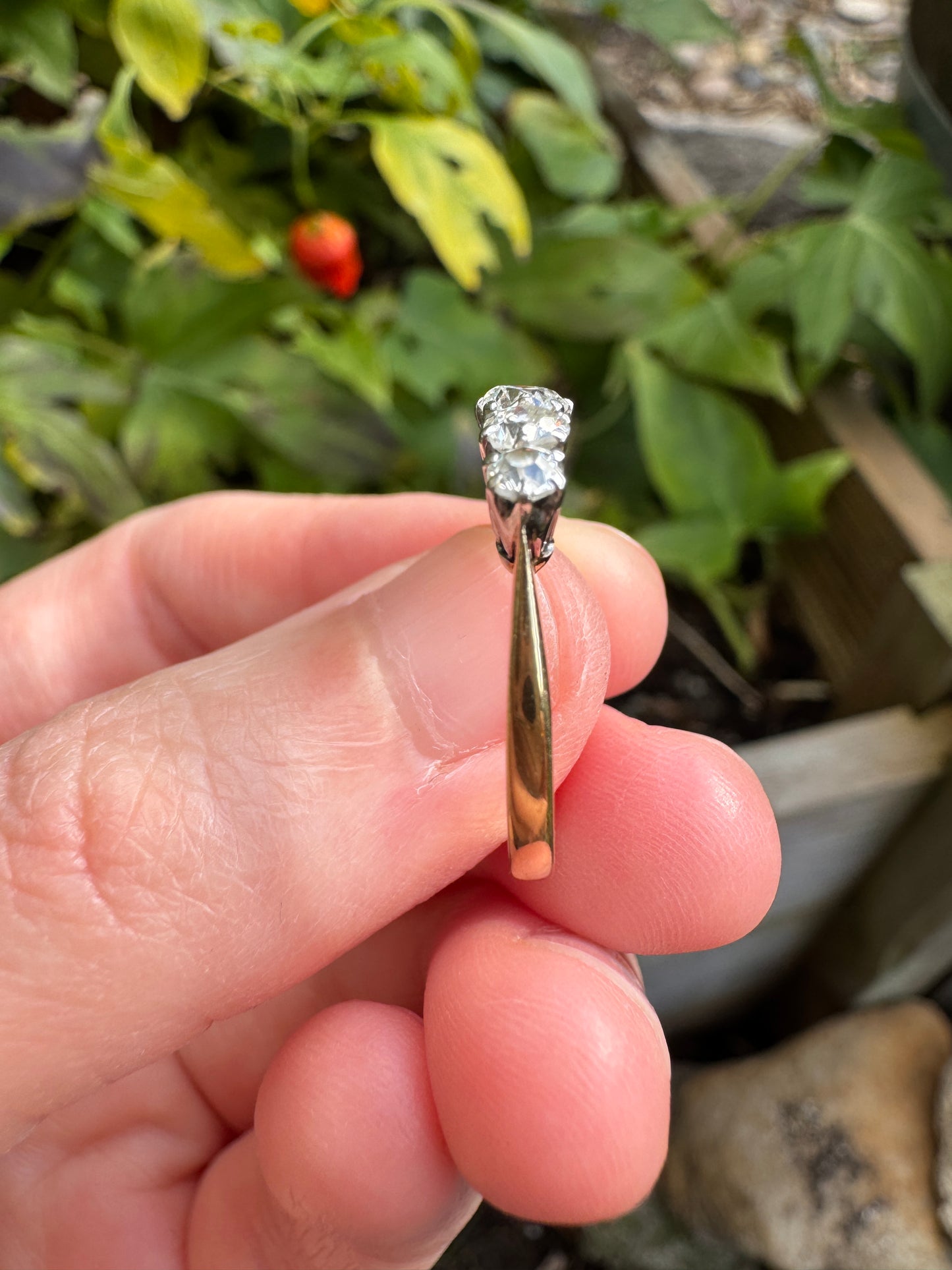 Antique English 18ct gold old cut diamond five stone ring