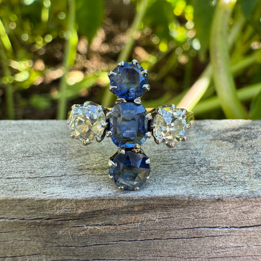 Antique 18ct yellow gold and platinum 1.12ct TCW natural sapphire and 0.8ct TCW old mine cut diamond ring