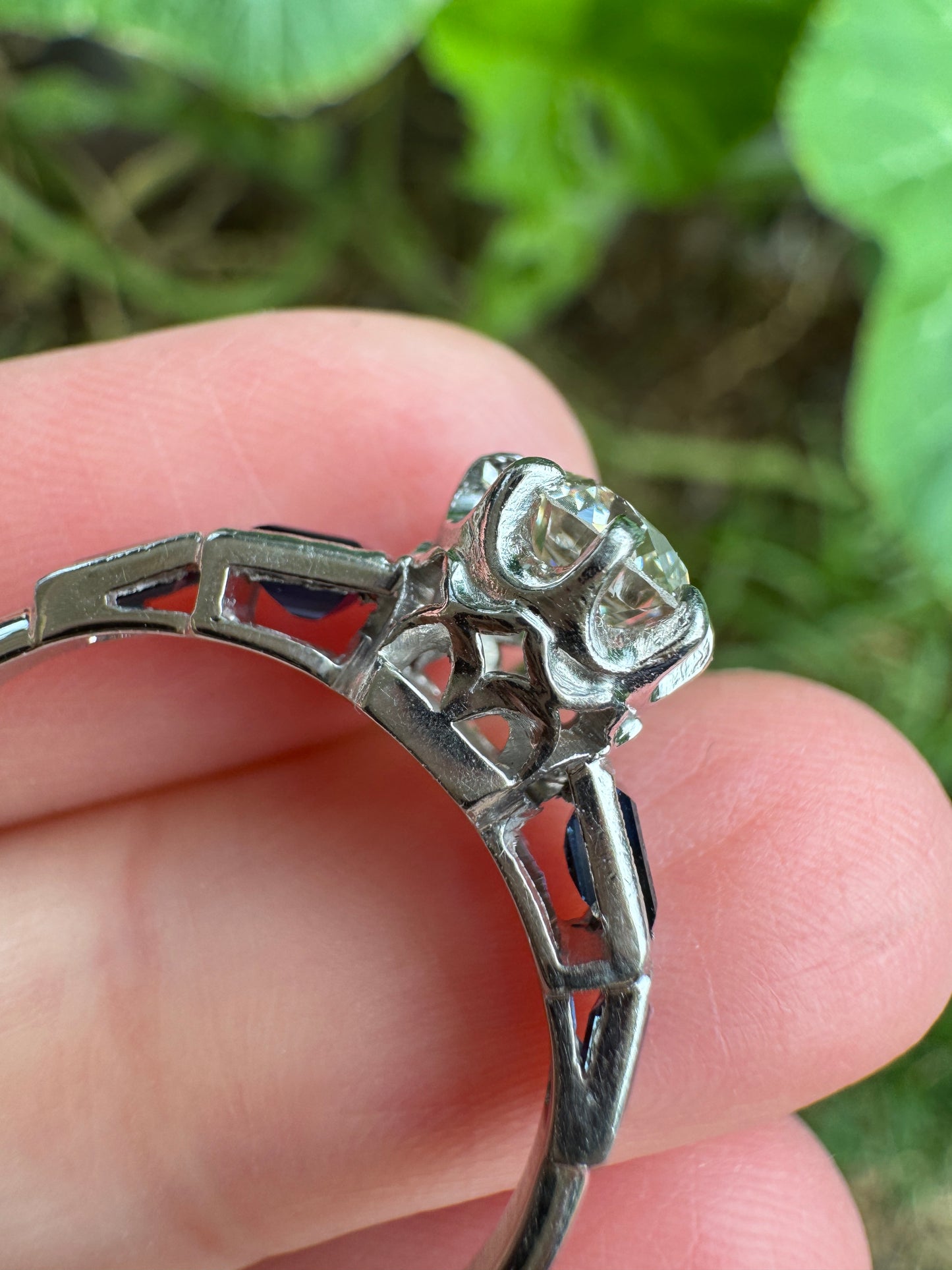 Antique 18ct white gold 0.87ct old European cut diamond and 0.5ct TCW baguette cut natural sapphire ring