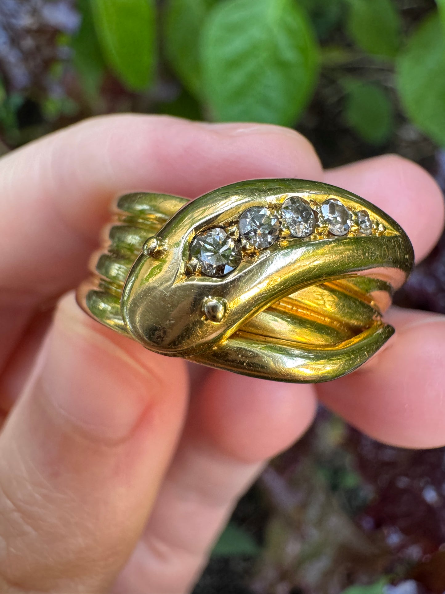 Antique 18ct yellow gold 0.15ct TCW old mine cut and single cut diamond snake ring