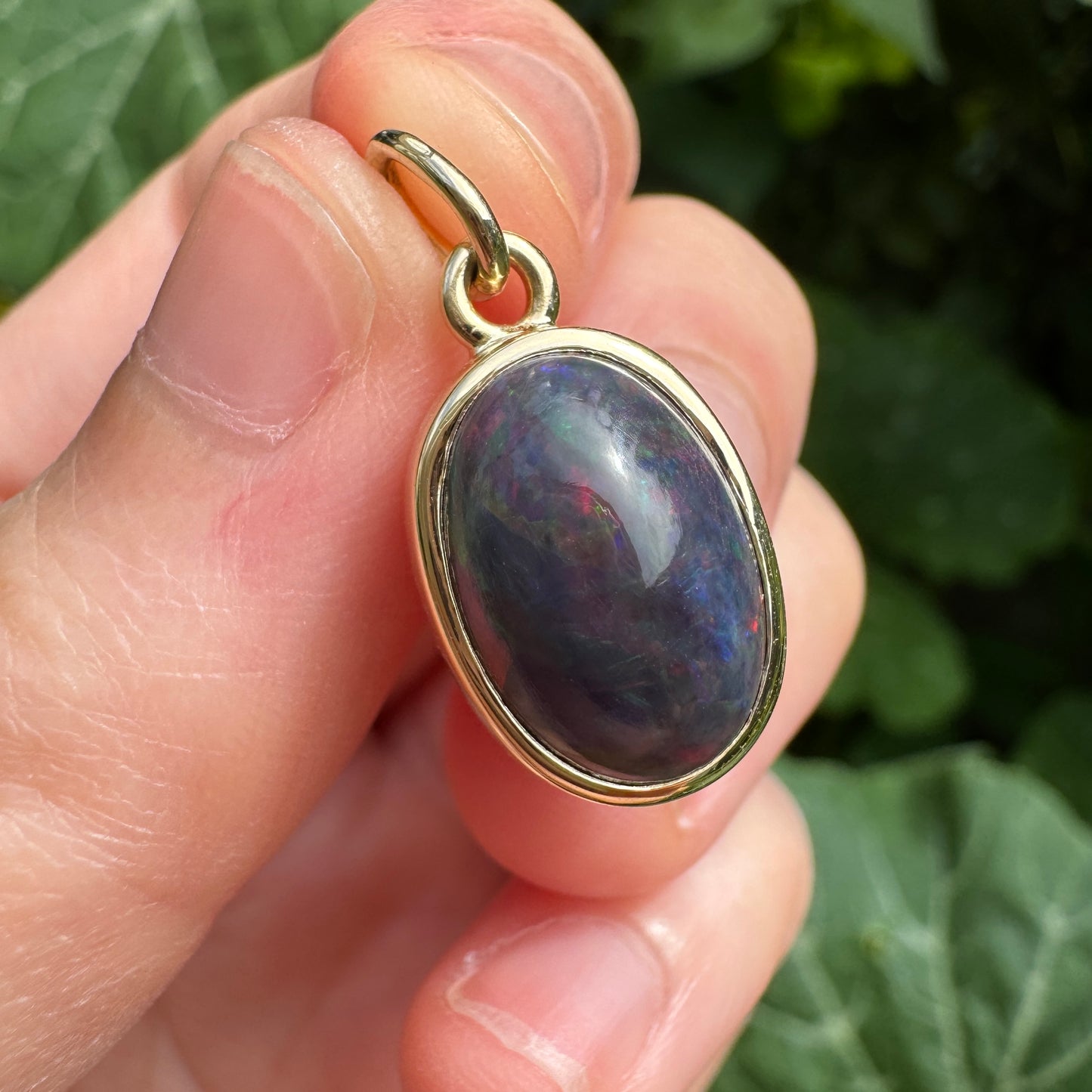 Custom handmade recycled 9ct yellow gold 3.01ct dark opal cabochon bezel set pendant