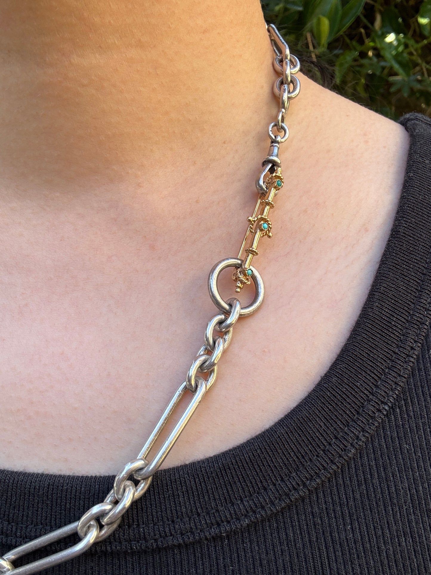 Vintage 9ct yellow gold turquoise cabochon bar brooch/chain extender