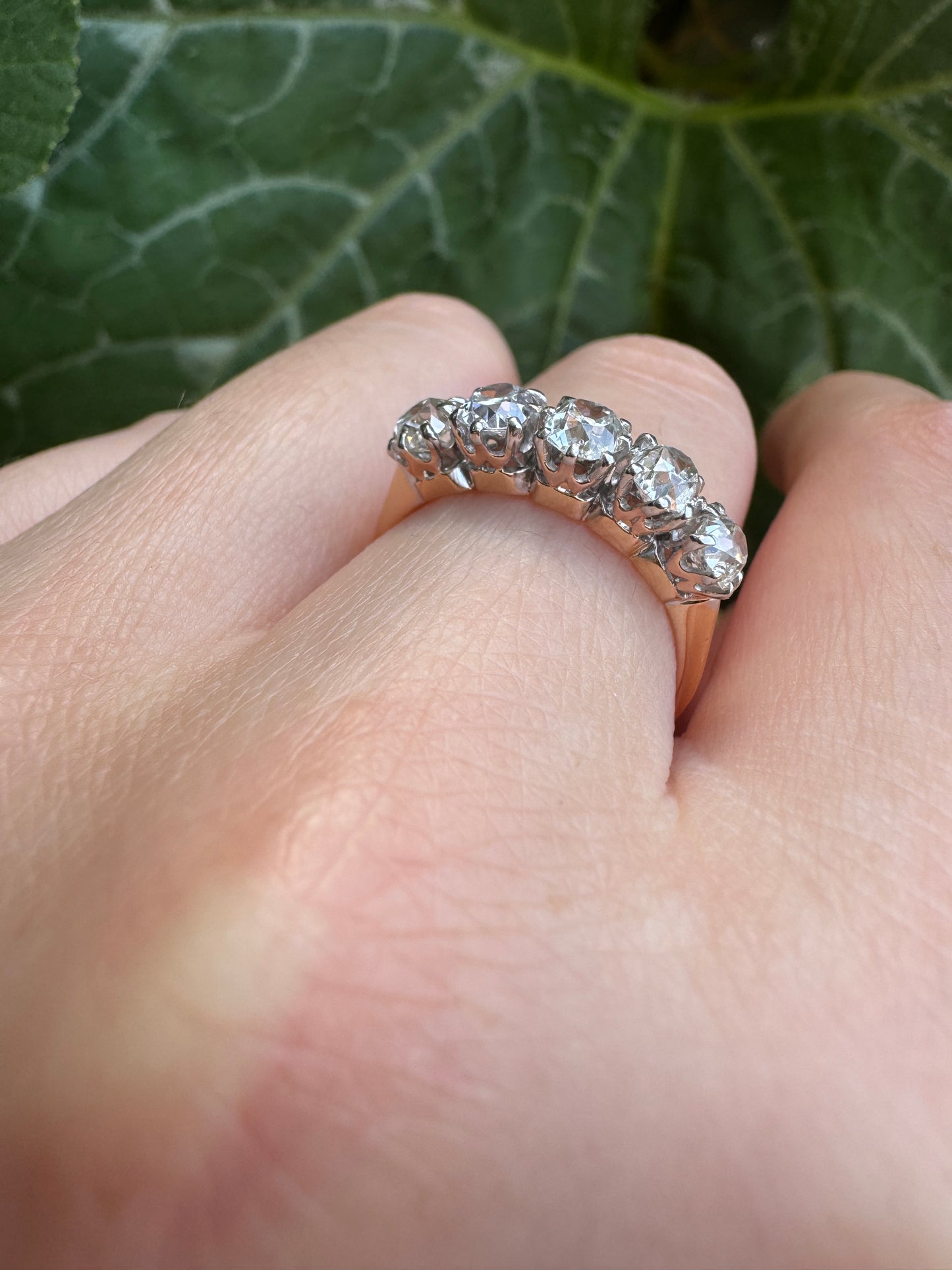 Antique 18ct yellow gold five stone 1.29ct TCW old mine cut diamond ring