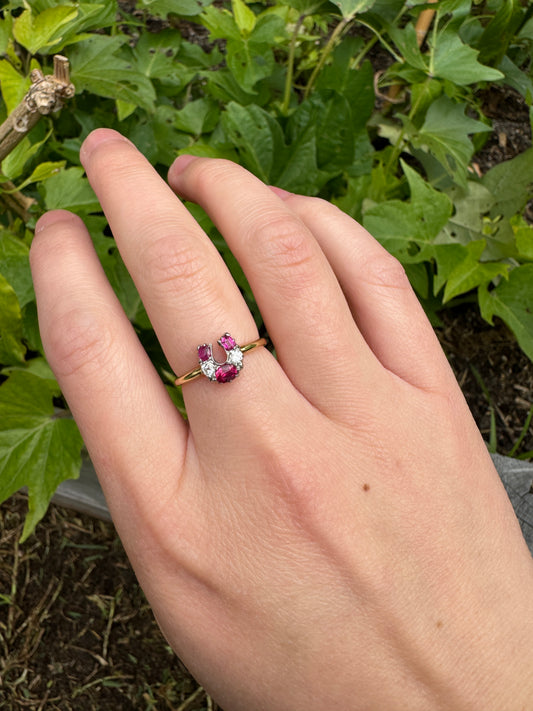 Vintage 18ct yellow gold ruby and diamond horseshoe ring
