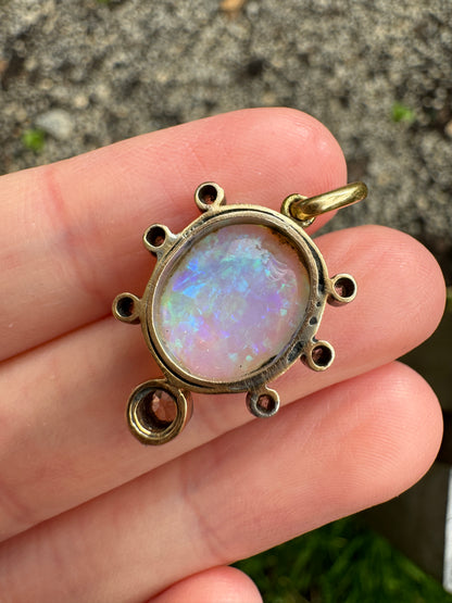 Vintage 14ct yellow gold opal, rose cut diamond and old mine cut diamond pendant