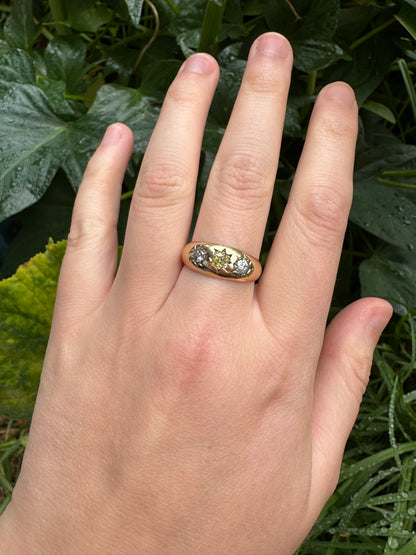 Antique 18ct yellow gold three stone 0.54ct TCW old cut diamond starset gypsy ring with fancy yellow centre