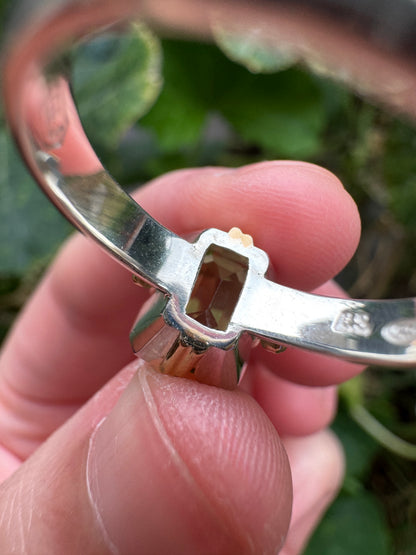 Custom handmade sterling silver and recycled 18ct yellow gold 2.54ct peridot ring